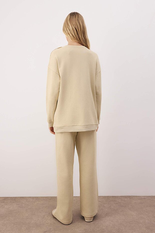 Bej Oversize 3 iplik penye Düz Örme Tesettür Alt - Üst Takım TCTAW25US00119 - 4