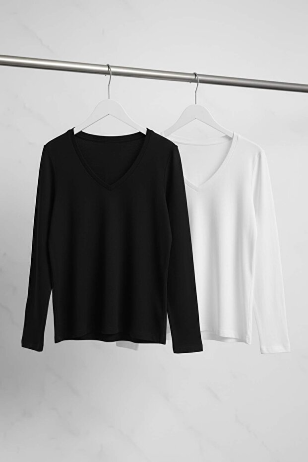 Black-Ecru 2-Pack Basic Viscose Rib Soft Knitted Plus Size Blouse Tbbaw26Af00107 - 1