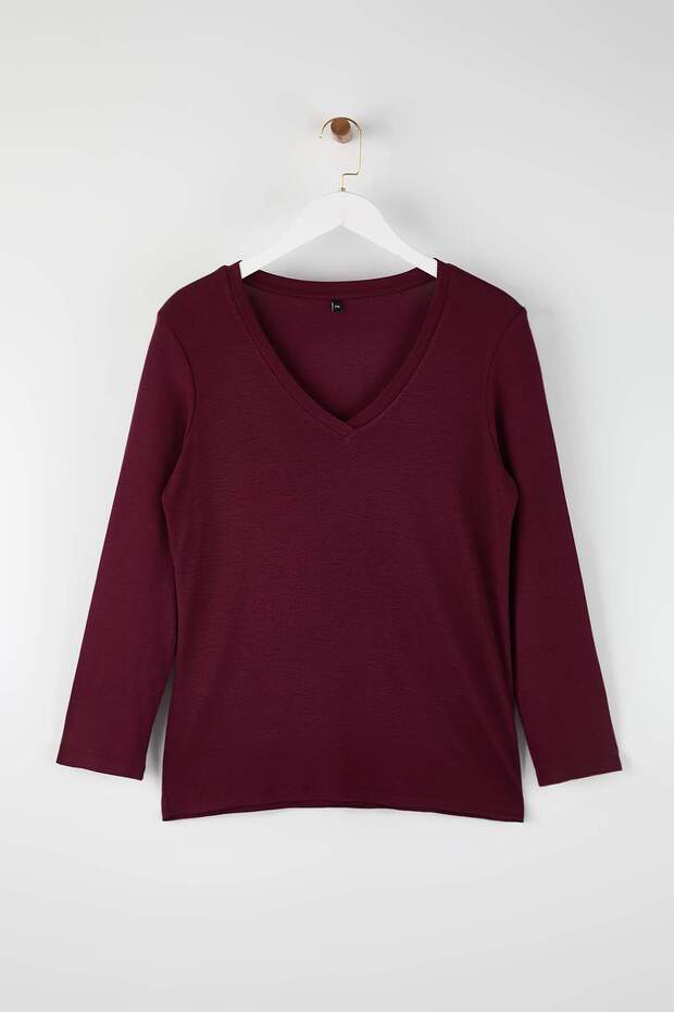 Bordo Premium Yumuşak Kumaşlı V Yaka Fitted/Vücuda Oturan Esnek Örme Büyük Beden Bluz TBBAW26AF00025 - 5