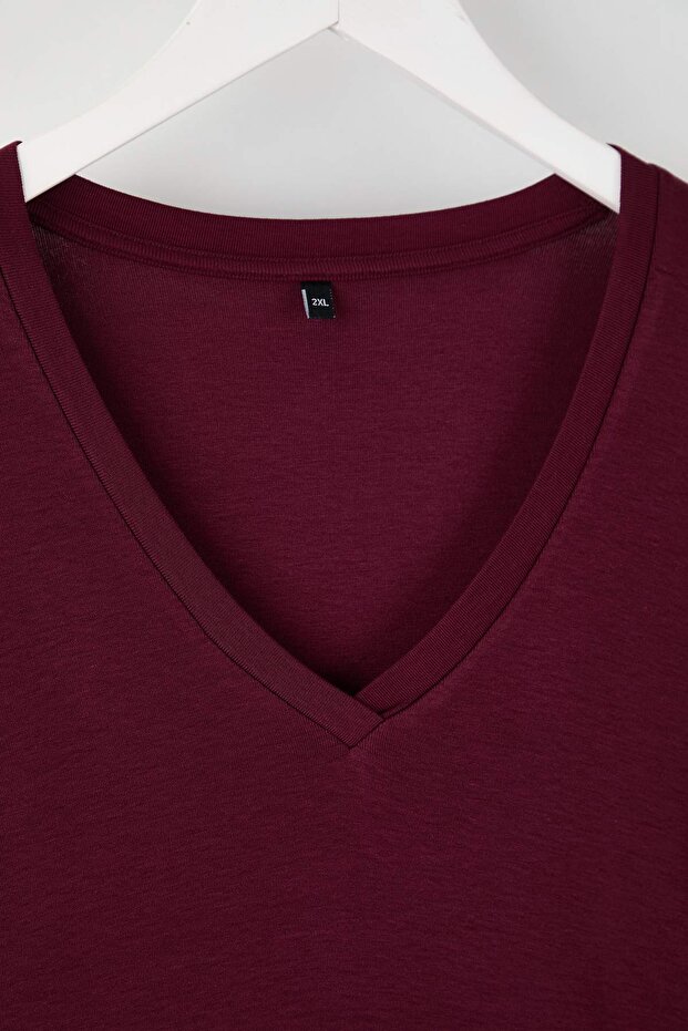 Bordo Premium Yumuşak Kumaşlı V Yaka Fitted/Vücuda Oturan Esnek Örme Büyük Beden Bluz TBBAW26AF00025 - 7