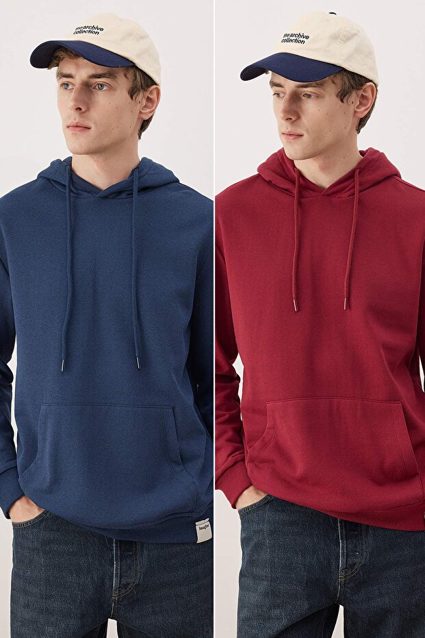 Bordo- Lacivert 2'li Paket Kapüşonlu Regular Kesim İçi Polarlı Sweatshirt TMNAW24SW00000 - 1