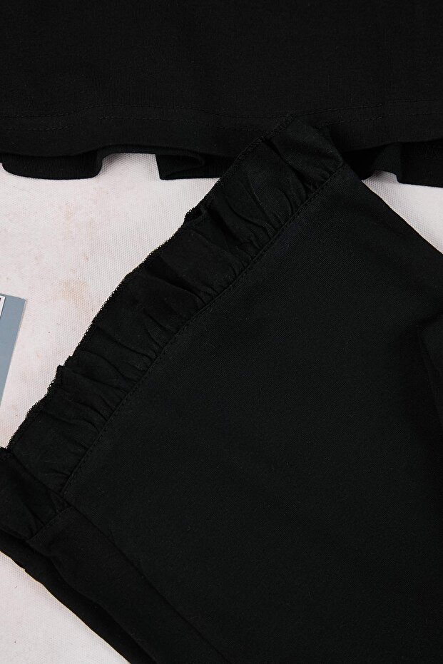 Siyah Gömlek Yaka Volan Detaylı Örme Pijama Takımı TBBAW25AI00056 - 3