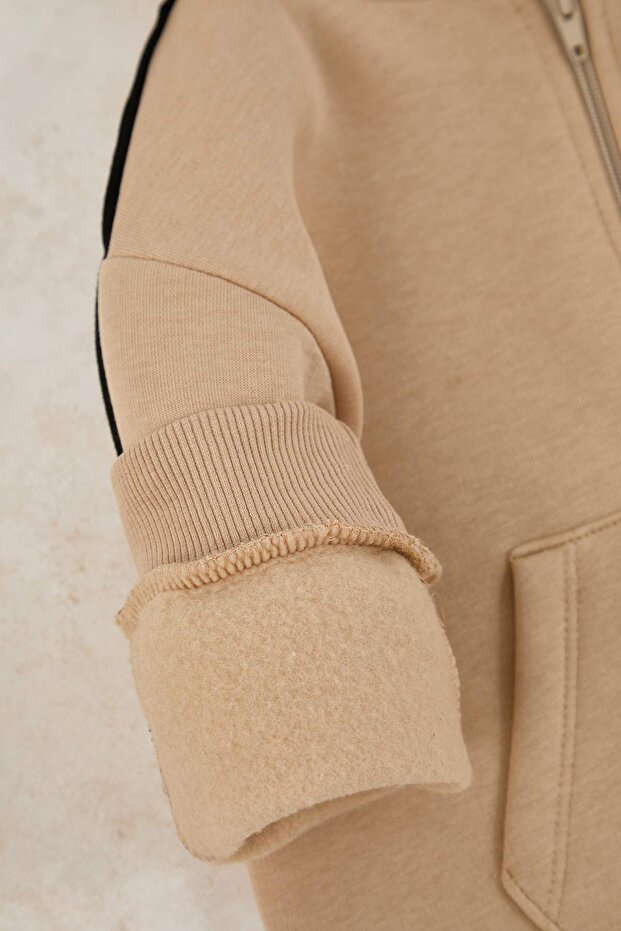 Bej Kapüşonlu Baskılı Kalın/İçi Polarlı Örme Unisex Çocuk Alt - Üst Takım TKDAW26AU00061 - 3