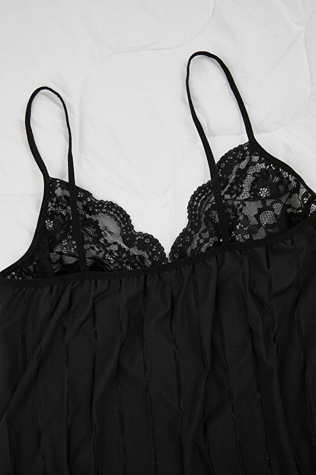 Siyah Kapsız Dantelli/Esnek Kumaşlı Fantezi Büyük Beden Babydoll TBBAW26DH00004 - 5