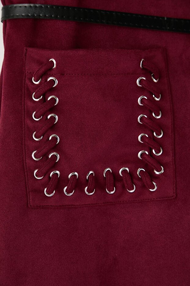 Bordo Cepli Süet Dokuma Büyük Beden Etek TBBAW26AZ00009 - 6