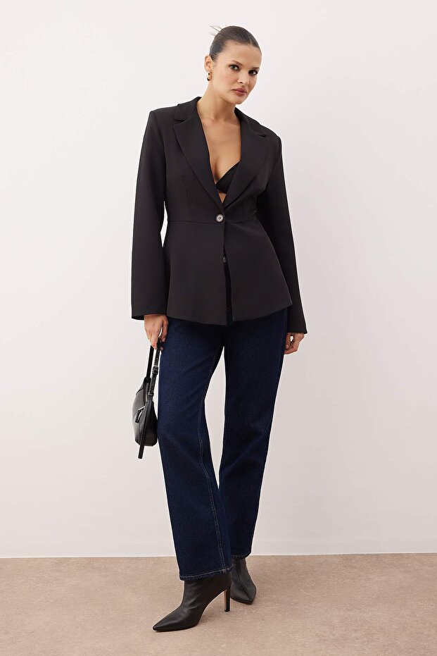 Siyah Fitted/Vücuda Oturan Tek Düğmeli Dokuma Blazer Ceket TWOAW26BC00067 - 2