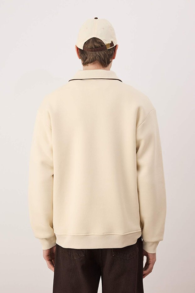Kahverengi-Bej Oversize/Geniş Kesim Renk Bloklu İçi Polar/Sıcak Tutan Sweatshirt TMNAW24SW00130 - 4