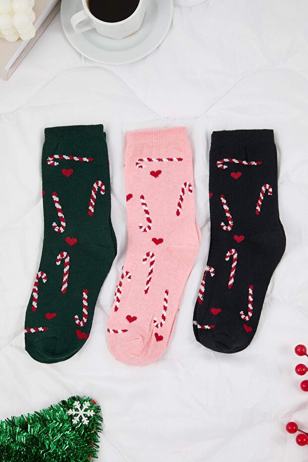 Navy Blue-Pink 3-Piece New Year's Jacquard Knitted Socks Thmaw26Co00023
