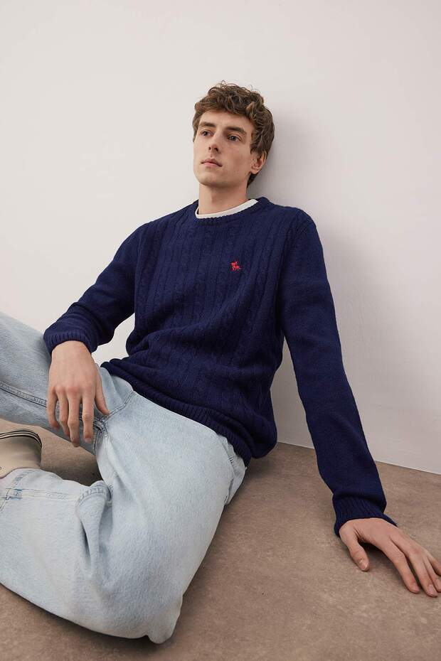Lacivert Regular Bisiklet Yaka Animal Kazak TMNAW26KZ00006 - 2