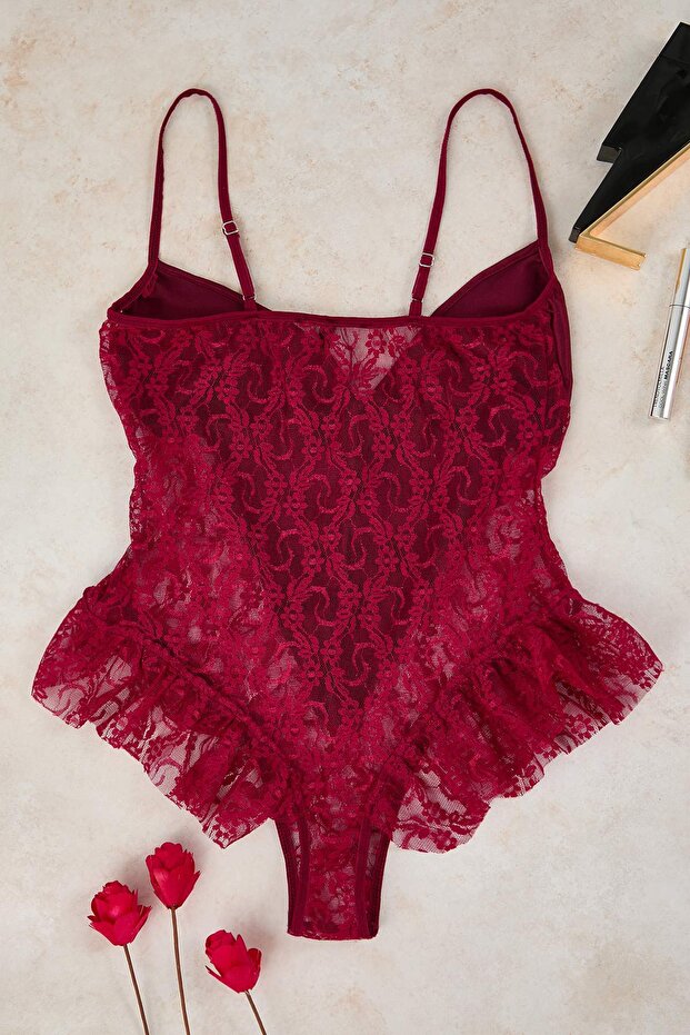 Bordo Dantel ve Saten Birliktelikli Fırfırlı Kapsız Fantezi Body THMAW26BD00003 - 8