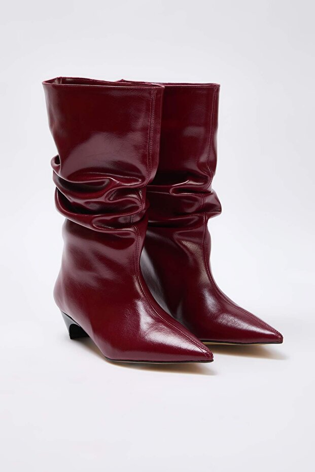 Bordo Körüklü Kadın 4 cm Kitten Üçgen Topuklu Premium Çizme TAKAW26CZ00029