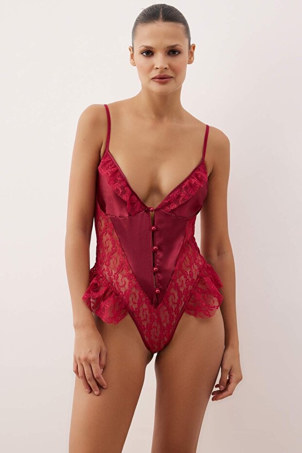 Bordo Dantel ve Saten Birliktelikli Fırfırlı Kapsız Fantezi Body THMAW26BD00003 - 2