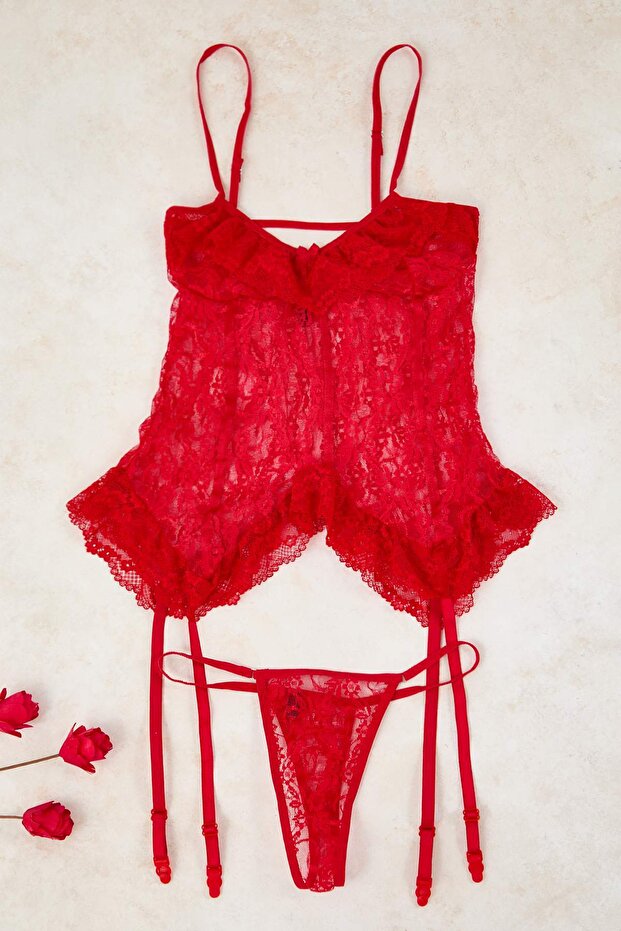 Kırmızı Jartiyerli Kapsız Fırfırlı Külotlu Dantel Askılı Babydoll/Fantezi Gecelik THMAW26LL00001 - 5