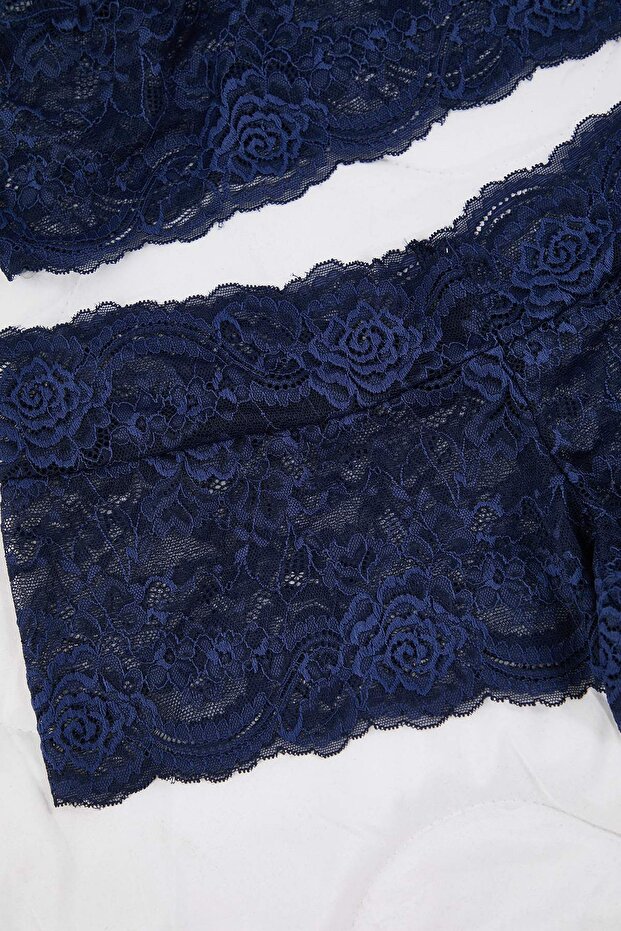 Lacivert 3'lü Çeyiz Set Üst Dantel, Alt Saten Askılı Külotlu Dokuma Pijama Takımı TBBAW26AI00043 - 5