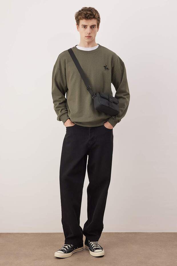 Haki Oversize/Geniş Kesim Uzun Kol At Nakışlı Sweatshirt TMNAW24SW00164 - 1