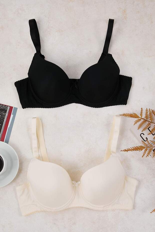 Siyah-Ekru 2'li Paket T-Shirt Bra Sabit Kaplı Dolgusuz Büyük Beden Sütyen TBBAW26CW00009 - 2