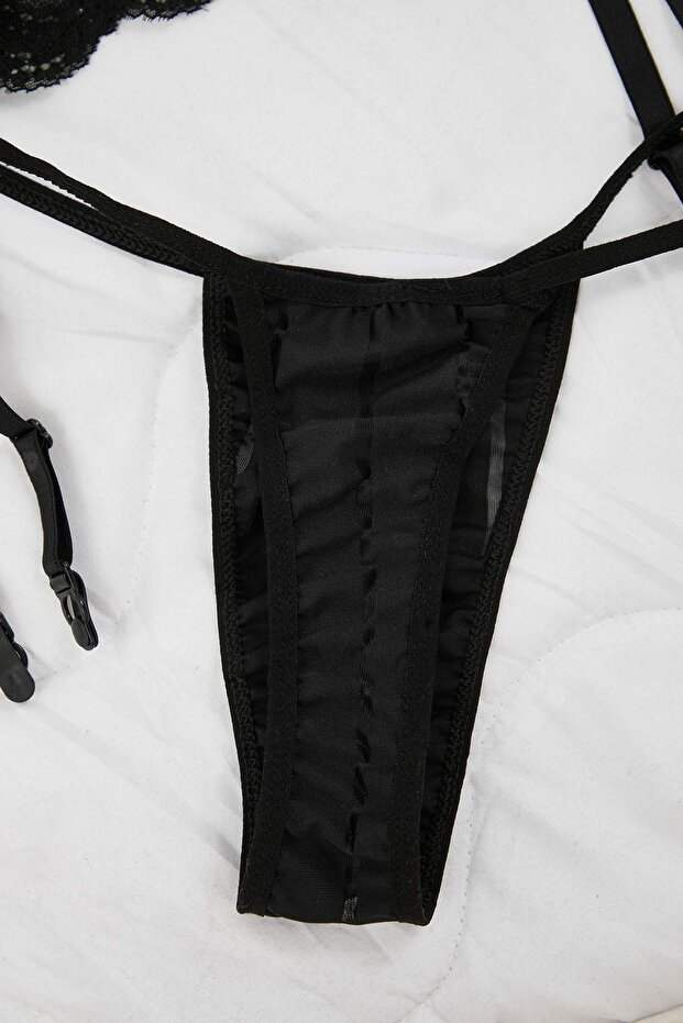 Siyah Kapsız Dantelli/Esnek Kumaşlı Fantezi Büyük Beden Babydoll TBBAW26DH00004 - 3