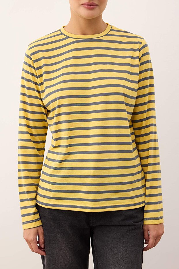 Açk Sarı-Antrasit Çizgili Regular/Normal Kalıp Basic Bisiklet Yaka Örme T-Shirt TWOAW23TS00002 - 3
