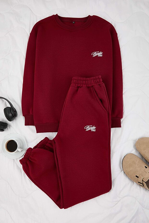 Burgundy Minimal Print Detailed Inside Fleece Large Size Tracksuit Set Tbbaw26Ts00015 - 1