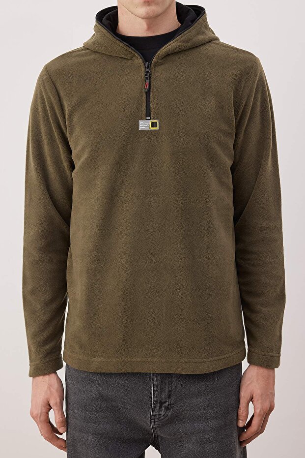 Haki Slim/Dar Kesim Polar Fermuarlı Kapüşonlu Sweatshirt TMNAW26SW00064 - 3