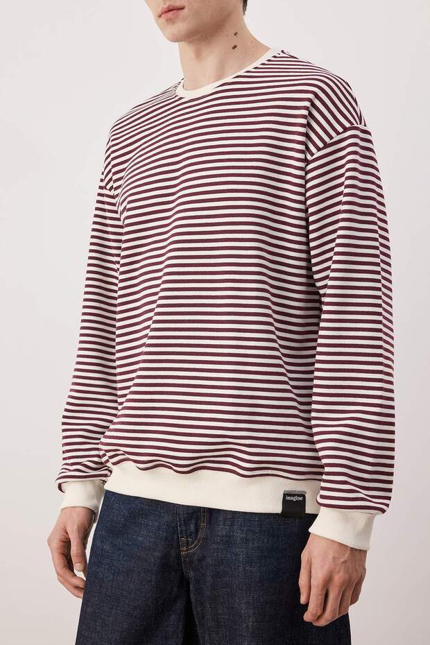 Bordo Oversize/Geniş Kesim Çizgili İçi Polarlı Pamuklu Sweatshirt TMNAW24SW00065 - 3