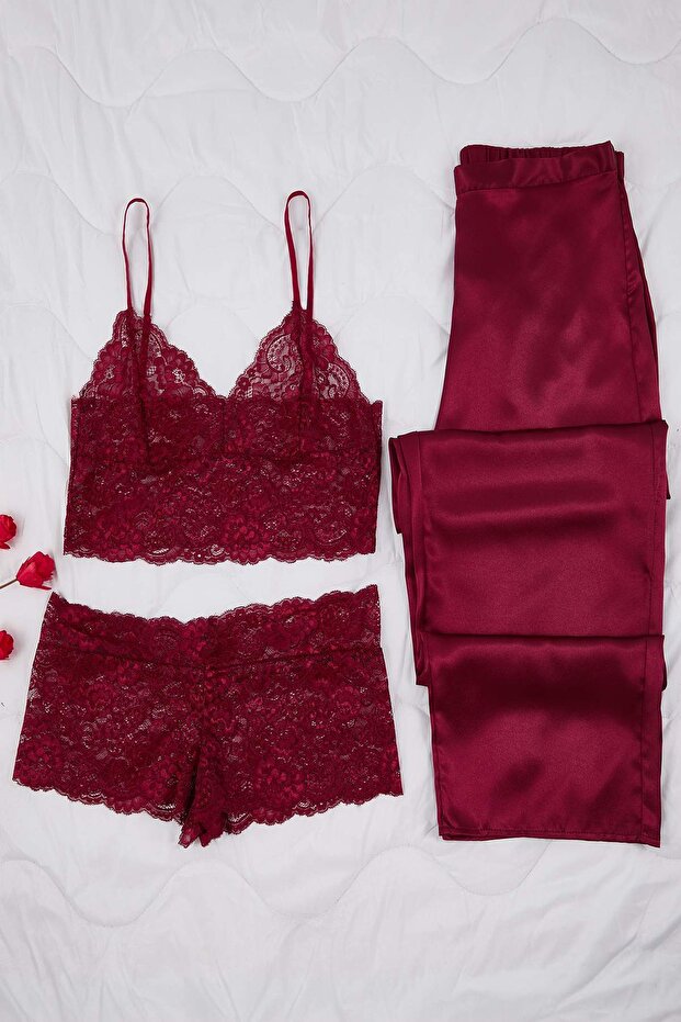 Bordo 3'lü Çeyiz Set Üst Dantel, Alt Saten Askılı Külotlu Dokuma Pijama Takımı TBBAW26AI00043 - 2
