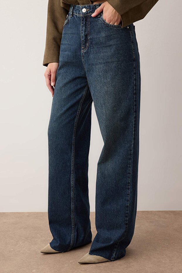 Lacivert Yüksek Bel Paçası Kesikli Geniş Paça Wide Leg Jeans TWOAW26JE00089 - 3