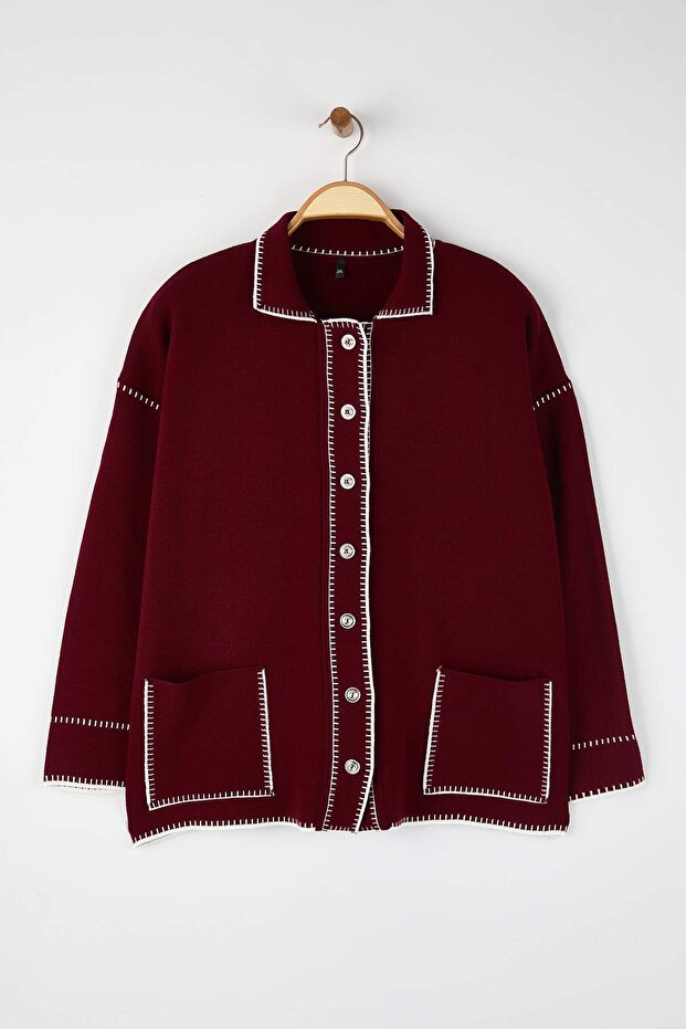 Bordo Polo Yaka Nakışlı/İşlemeli Triko Hırka TBBAW26AV00021 - 6