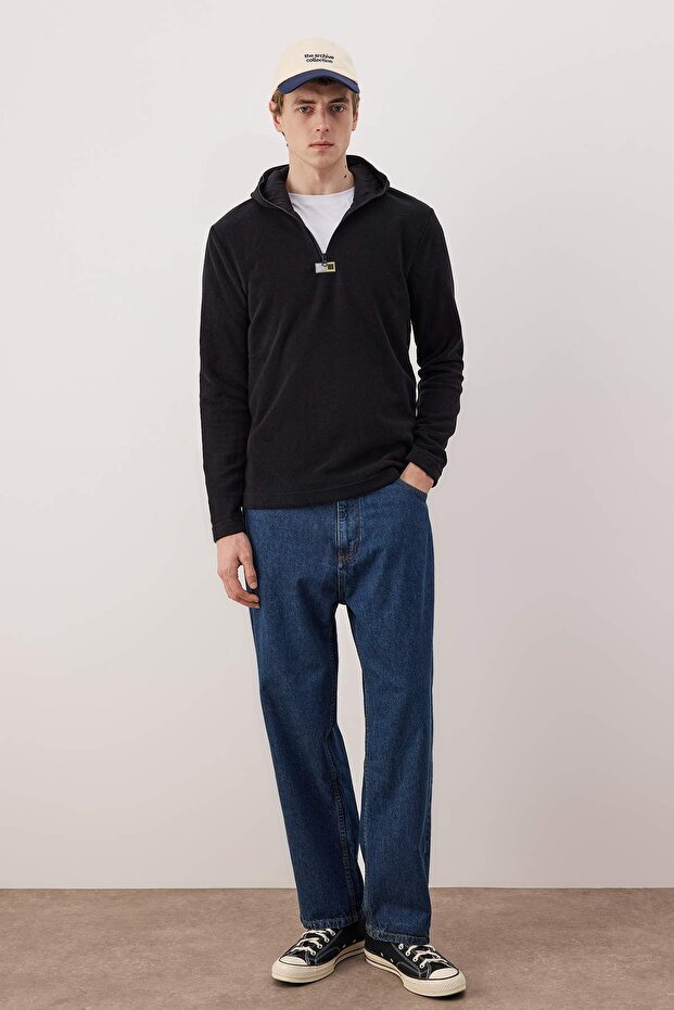 Siyah Slim/Dar Kesim Polar Fermuarlı Kapüşonlu Sweatshirt TMNAW26SW00064 - 2