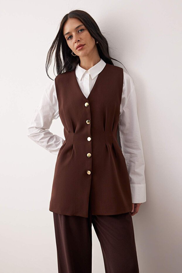 Kahverengi Fitted Peplum Detaylı Ve Çıtçıtlı Dokuma Yelek TCTAW26YL00004 - 2