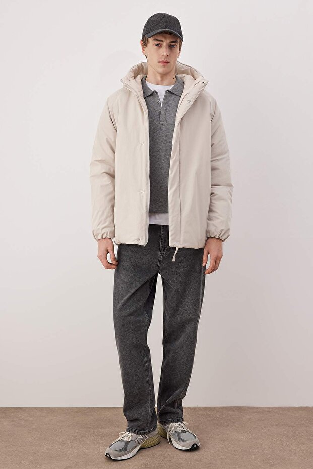 Ekru Oversize Fit Erkek Kışlık Kapüşonlu Mont TMNAW26MO00016 - 2