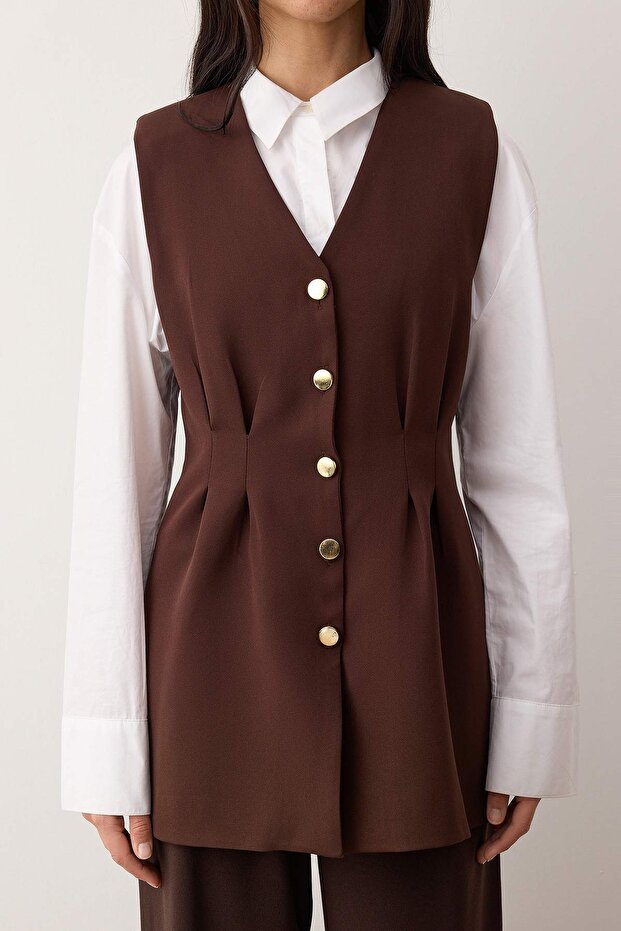 Kahverengi Fitted Peplum Detaylı Ve Çıtçıtlı Dokuma Yelek TCTAW26YL00004 - 3