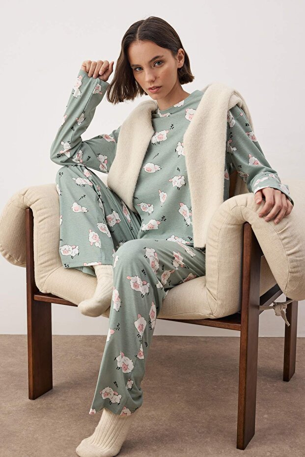 Mint %100 Pamuklu Uyku Temalı Kuzu Desenli Örme Pijama Takımı THMAW26PT00046 - 1