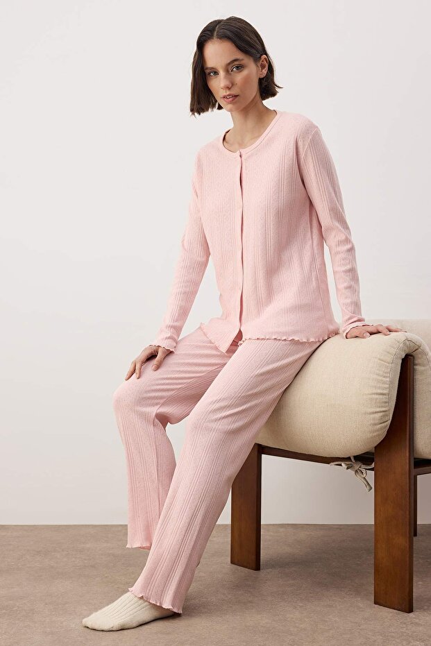 Pembe Hırkalı Pointel/Fitilli Baby Overloklu Örme Pijama Takımı THMAW26PT00219 - 1