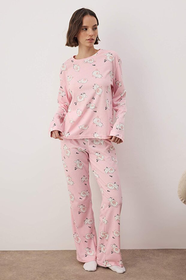 Pembe %100 Pamuklu Uyku Temalı Kuzu Desenli Örme Pijama Takımı THMAW26PT00046 - 2