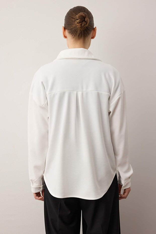 Ekru Selanik Polo Yaka Düğmeli Oversize Gömlek TWOAW26GO00117 - 5