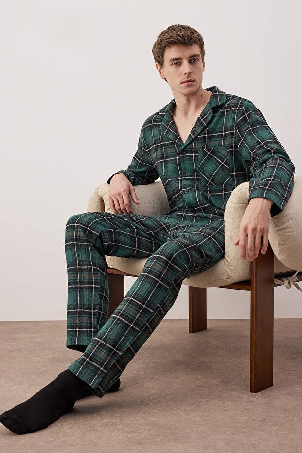 Yeşil Regular Fit Ekose Dokuma Pijama Takımı TMNAW22PT1080 - 1
