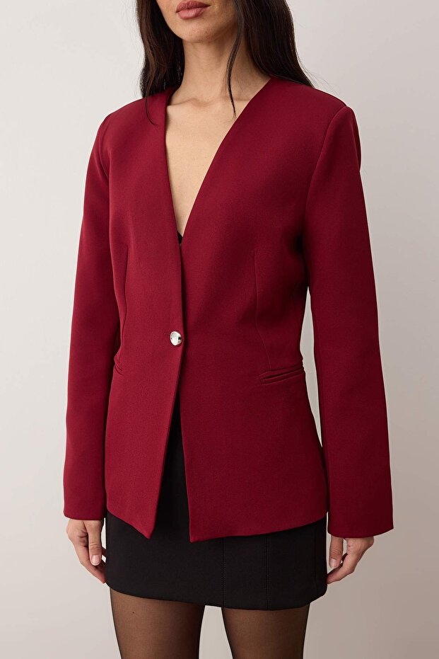 Bordo Fitted/Vücuda Oturan Tek Düğmeli Dokuma Blazer Ceket TWOAW26BC00066 - 4