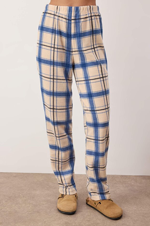 Lacivert Nakışlı Ekoseli Polar Kışlık Örme Pijama Takımı THMAW24PT00175 - 3