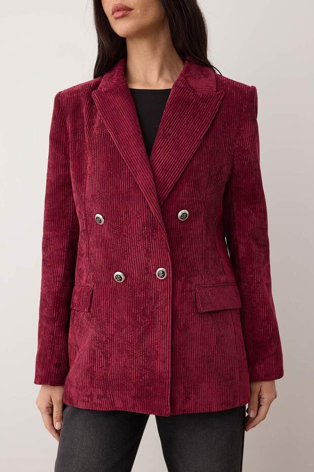 Bordo Kruvaze Kapama Yumuşak Fitilli Kadife Blazer Ceket TWOAW26BC00031 - 3