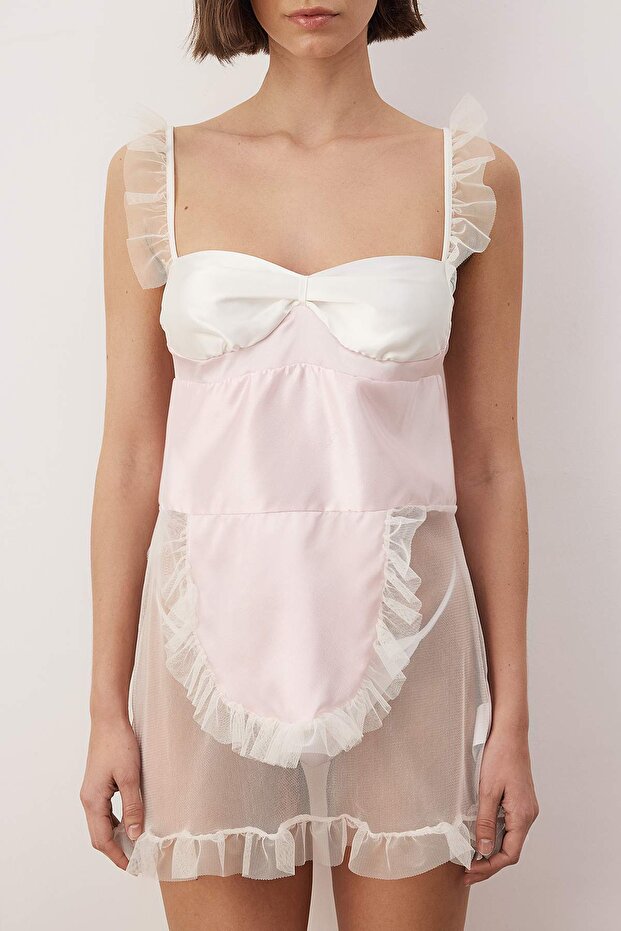 Beyaz-Pembe Tül Kapsız Babydoll/Fantezi Gecelik THMAW26LL00010 - 4