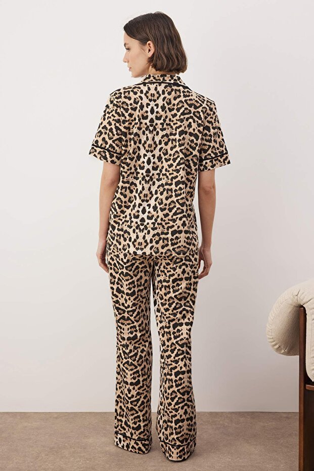 Çok Renkli %100 Pamuklu Leopar Desenli Biyeli Örme Pijama Takımı THMAW26PT00134 - 4