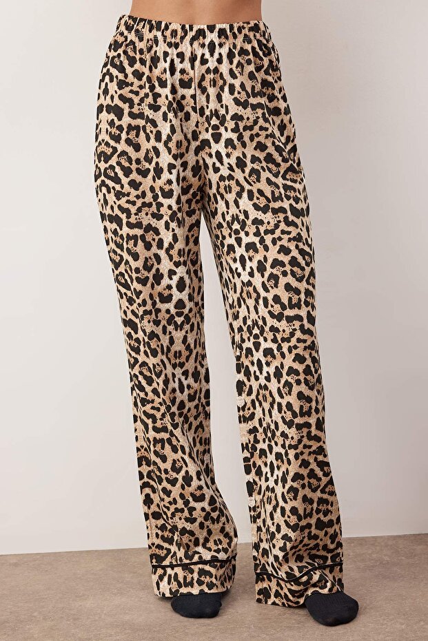 Çok Renkli %100 Pamuklu Leopar Desenli Biyeli Örme Pijama Takımı THMAW26PT00134 - 3