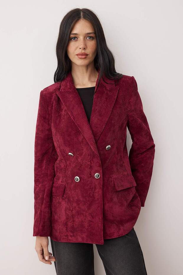 Bordo Kruvaze Kapama Yumuşak Fitilli Kadife Blazer Ceket TWOAW26BC00031 - 1