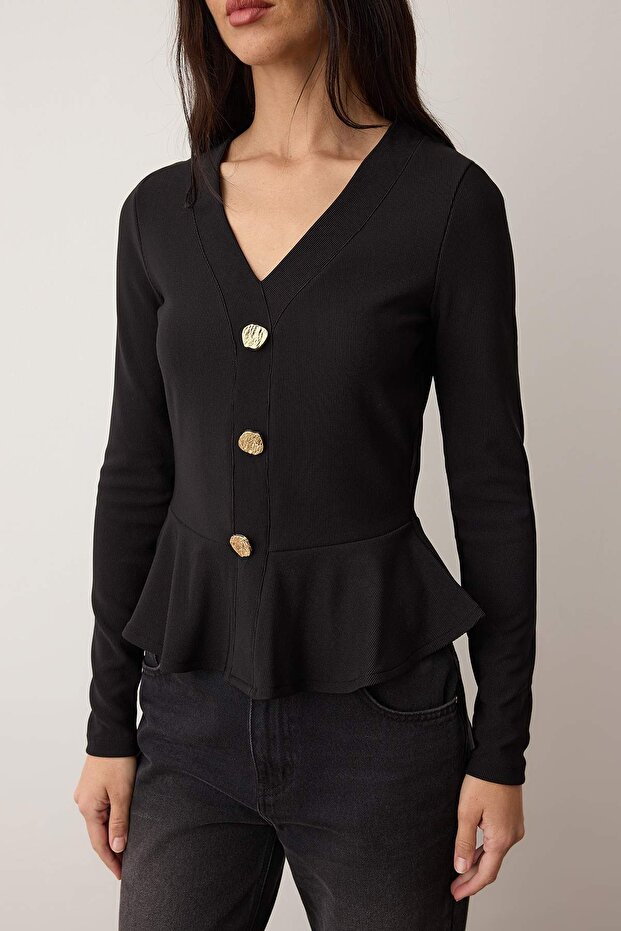 Siyah V Yaka Düğmeli Peplum/Bele Oturan Esnek Örme Bluz TWOAW26AU00118 - 3