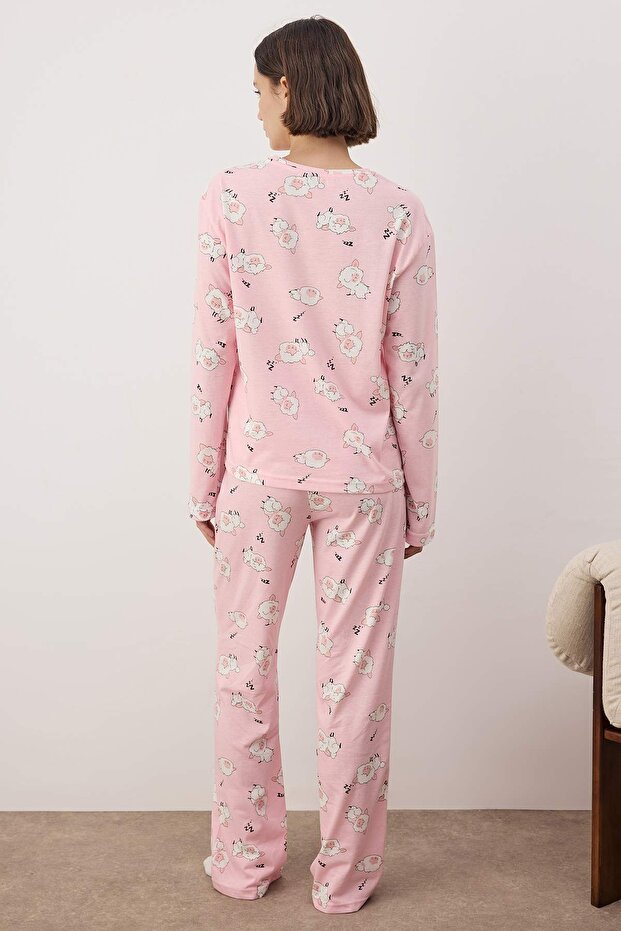 Pembe %100 Pamuklu Uyku Temalı Kuzu Desenli Örme Pijama Takımı THMAW26PT00046 - 4