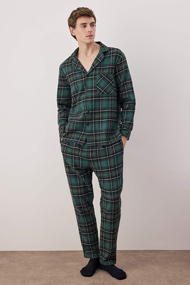 Yeşil Regular Fit Ekose Dokuma Pijama Takımı TMNAW22PT1080 - 3