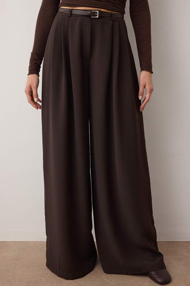 Kahverengi Kemerli Pilili Wide Leg/Extra Geniş Paça Dokuma Pantolon TWOAW25PL00032 - 3