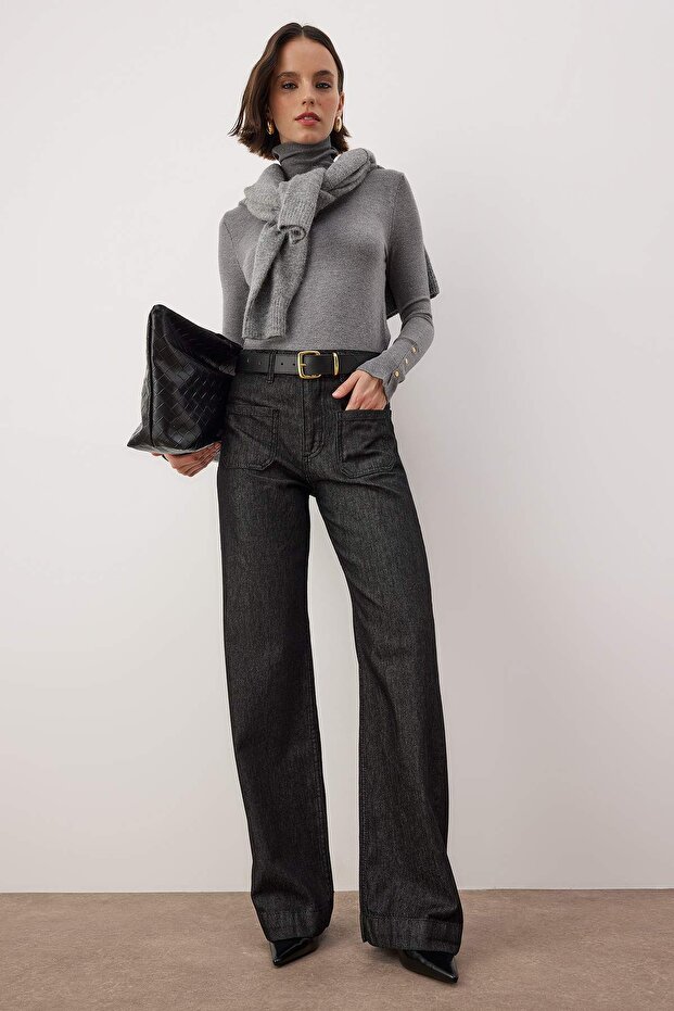 Siyah Yüksek Bel Cep Detaylı Raw Wide Leg Jeans TWOAW26JE00231 - 1