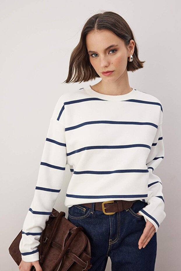 Ekru Çizgili Regular/Normal Kalıp Bisiklet Yaka Örme Sweatshirt TWOAW26SW00255